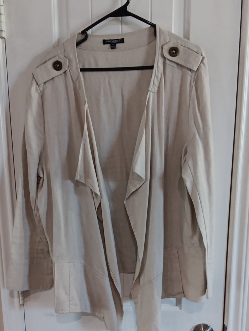 For Cynthia Open Drape Front Linen Waterfall Jacket Tan Beige 1X